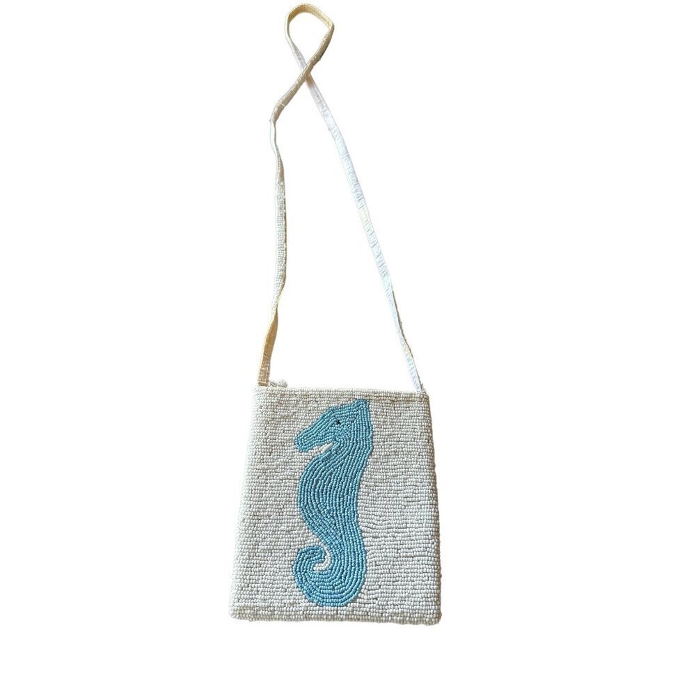 White Blue Sea Horse Seed Beaded Crossbody Bag Purse Zip Top